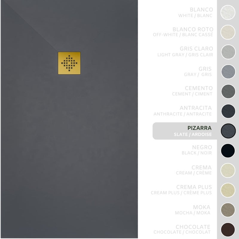 SOULHOME Brodzik prysznicowy– Żywica– Gel Coat– Gładka/Kamienna tekstura – Antypoślizgowy – łupkowy – 75x75- Niski 3 cm– Ruszt Złoty