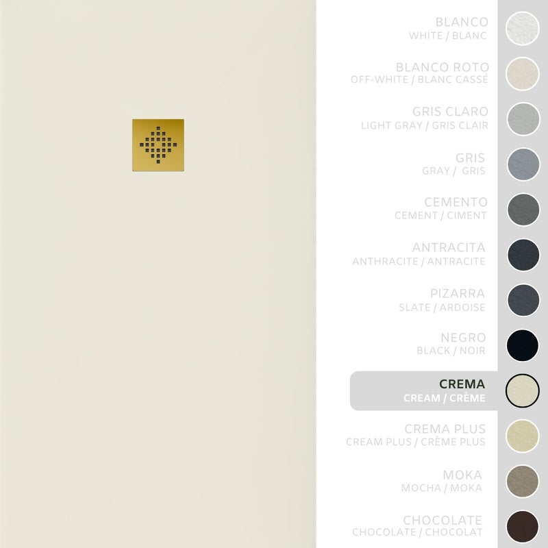 SOULHOME Brodzik prysznicowy– Żywica– Gel Coat– Gładka/Kamienna tekstura – Antypoślizgowy – kremowy – 120x90- Niski 3 cm– Ruszt Złoty