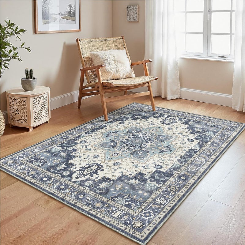 1 dywanik vintage do salonu w kolorze ciemnoniebieskim, 120 x 160 cm, spód antypoślizgowy, zmywalny, krótkie włosie, odpowiedni do kuchni, jadalni, bi