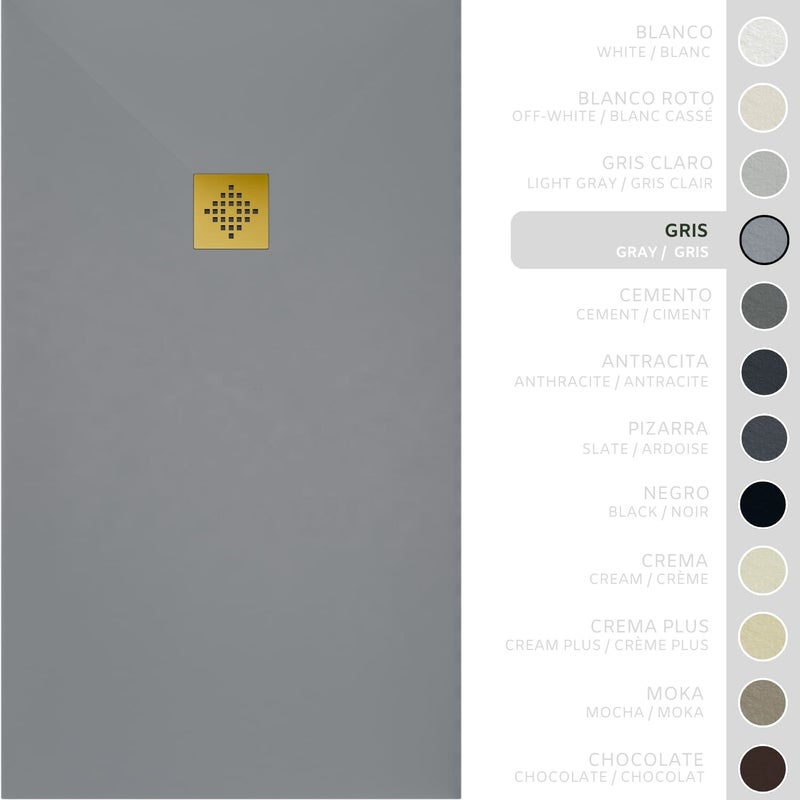 SOULHOME Brodzik prysznicowy– Żywica– Gel Coat– Gładka/Kamienna tekstura – Antypoślizgowy – szary – 140x80- Niski 3 cm– Ruszt Złoty