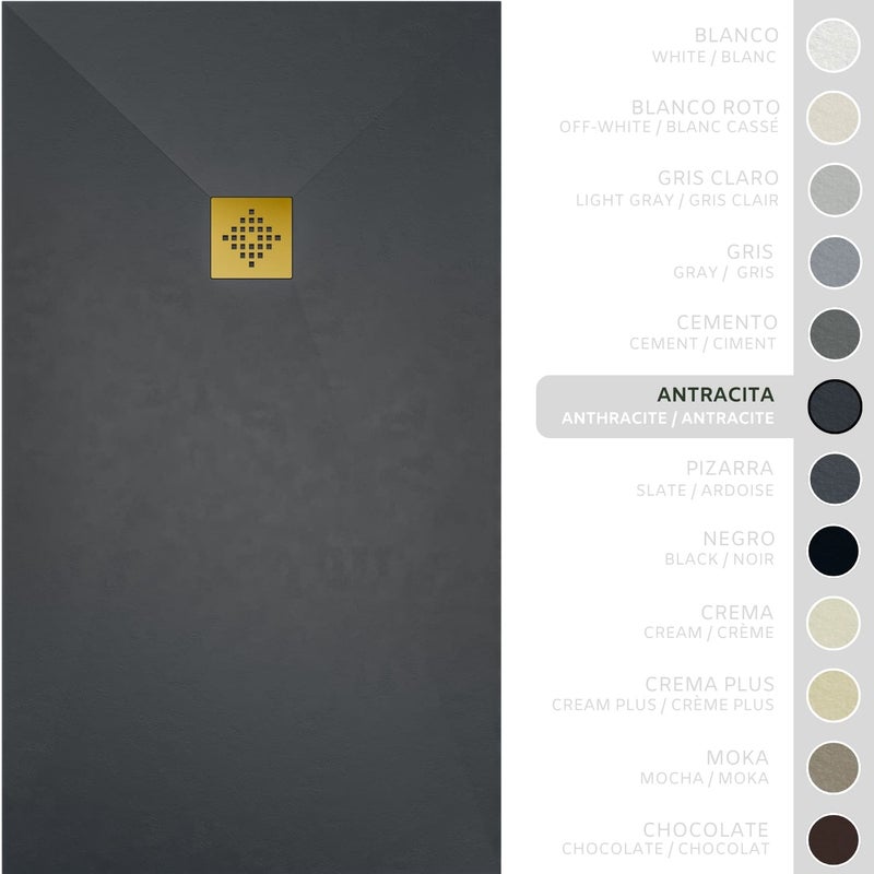 SOULHOME Brodzik prysznicowy– Żywica– Gel Coat– Gładka/Kamienna tekstura – Antypoślizgowy – antracytowy – 120x90- Niski 3 cm– Ruszt Złoty