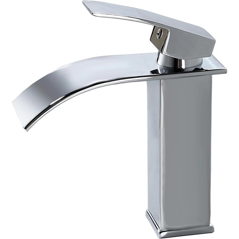 Bateria umywalkowa typu wodospad w kolorze srebrnym chromowanym, bateria zlewozmywakowa, wylewka o wysokości 170 mm, bateria umywalkowa typu wodospad