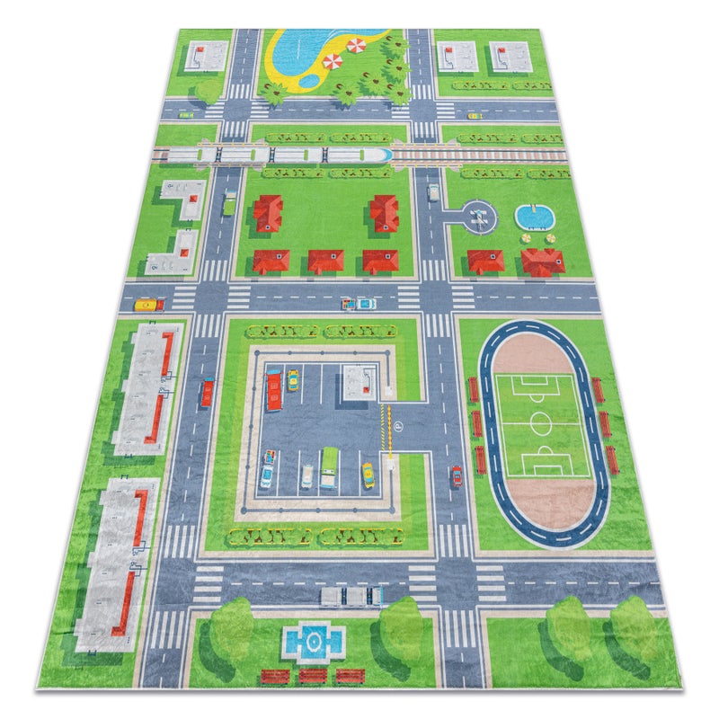 Dywan do prania BAMBINO 2624 Miasto, ulice, uliczki dla dzieci, antypoślizgowy - zielony / szary 120x170 cm