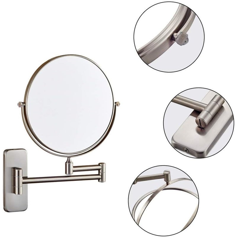 Lustro do makijażu montowane na ścianie, powiększenie 5x, obrotowe i wysuwane o 360°, nikiel szczotkowany, średnica 20 cm