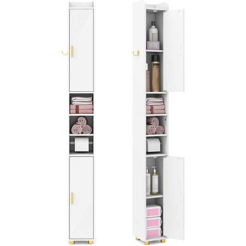 Szafka Łazienkowa z Uchwytem na Papier Toaletowy, Wąska Szafka z 2 Drzwiami, Haczyk (Biała)