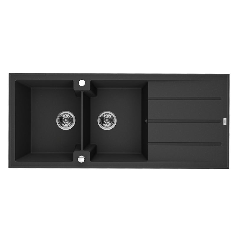 Zlewozmywak Granitowy Dwukomorowy Laveo Canaria Syfon 50x116cm Czarny