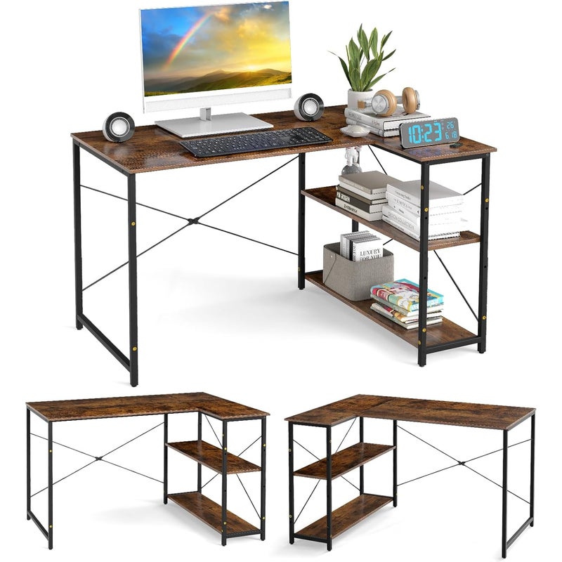 Biurko z Szafką w Kształcie Litery L, Odwracalna Półka, Biurko Narożne 118 x 86 cm, Solidna Metalowa Rama, Łatwy Montaż (Kolor Brązowy)