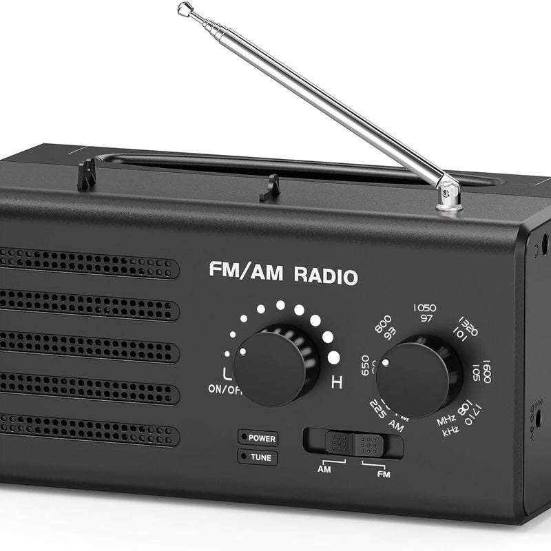 Przenośne radio AM/FM, wbudowany głośnik, gniazdo słuchawkowe, obsługuje zasilanie przez USB, kolor czarny