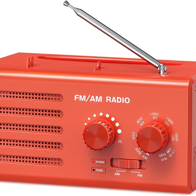 Przenośne radio AM/FM, wbudowany głośnik, gniazdo słuchawkowe, obsługuje zasilanie przez USB, kolor czerwony