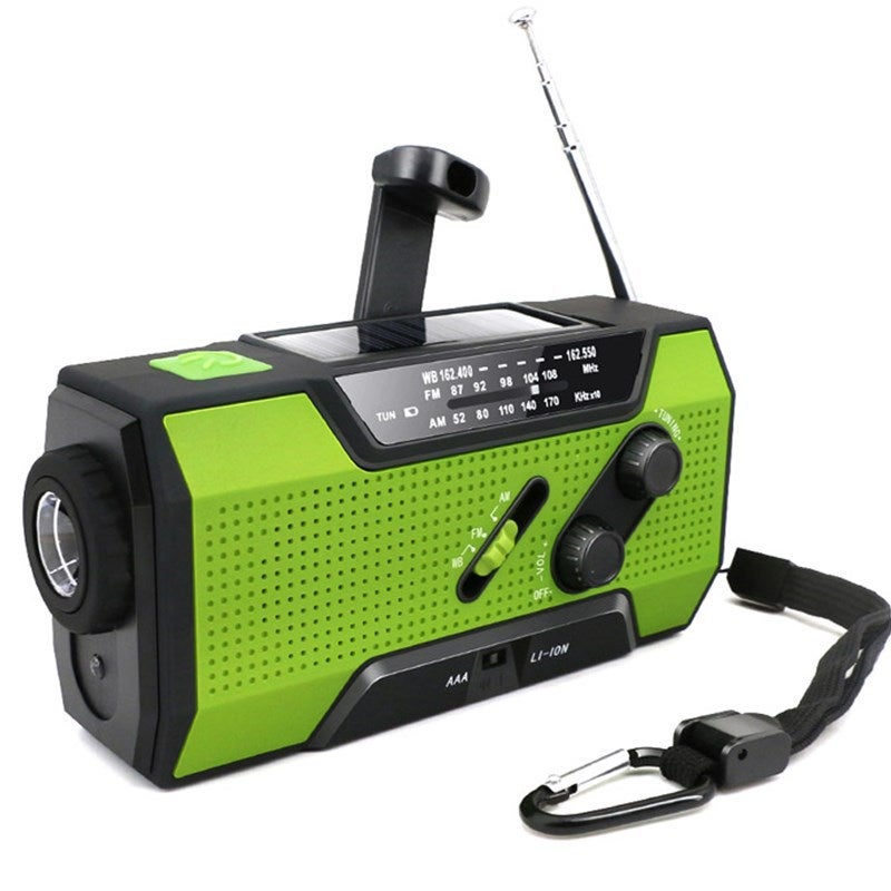 Radio awaryjne z korbką i latarką LED, przenośne radio NOAA AM/FM z powerbankiem 2000 mAh, zielone