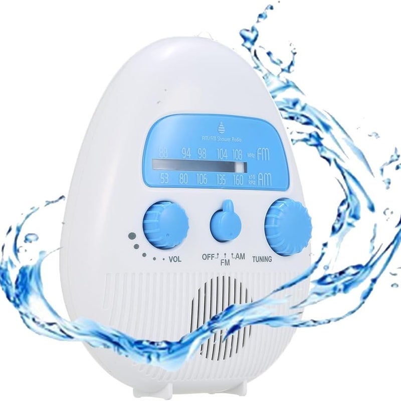 Przenośne radio AM/FM, radio łazienkowe pod prysznic z pokrętłem i wbudowanym głośnikiem, białe.