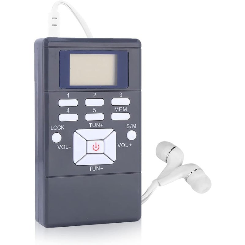 Miniaturowe, przenośne cyfrowe radio FM z ekranem LCD i automatycznym/ręcznym wyszukiwaniem (szare).
