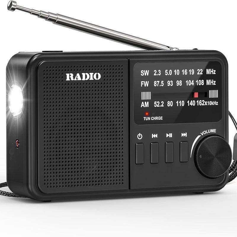 Małe, przenośne radio, radio AM/FM/SW, zasilane sieciowo lub bateryjnie, odpowiednie na kemping i w sytuacjach awaryjnych