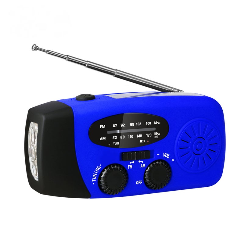 Radio awaryjne z korbką i latarką LED, przenośne radio NOAA AM/FM z powerbankiem 2000 mAh, niebieskie