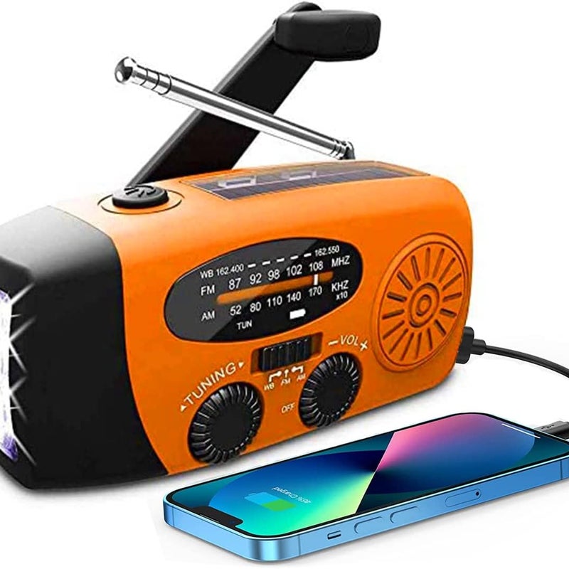 Radio awaryjne z korbką i latarką LED, przenośne radio NOAA AM/FM z powerbankiem 2000 mAh, pomarańczowe