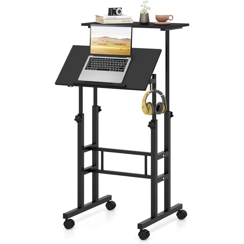 GIANTEX Biurko Stojące z Regulacją Wysokości – Biurko Komputerowe na Kółkach – GIANTEX Mobilne Biurko Stojące z 2 Oddzielnymi Stanowiskami Pracy – Czarne