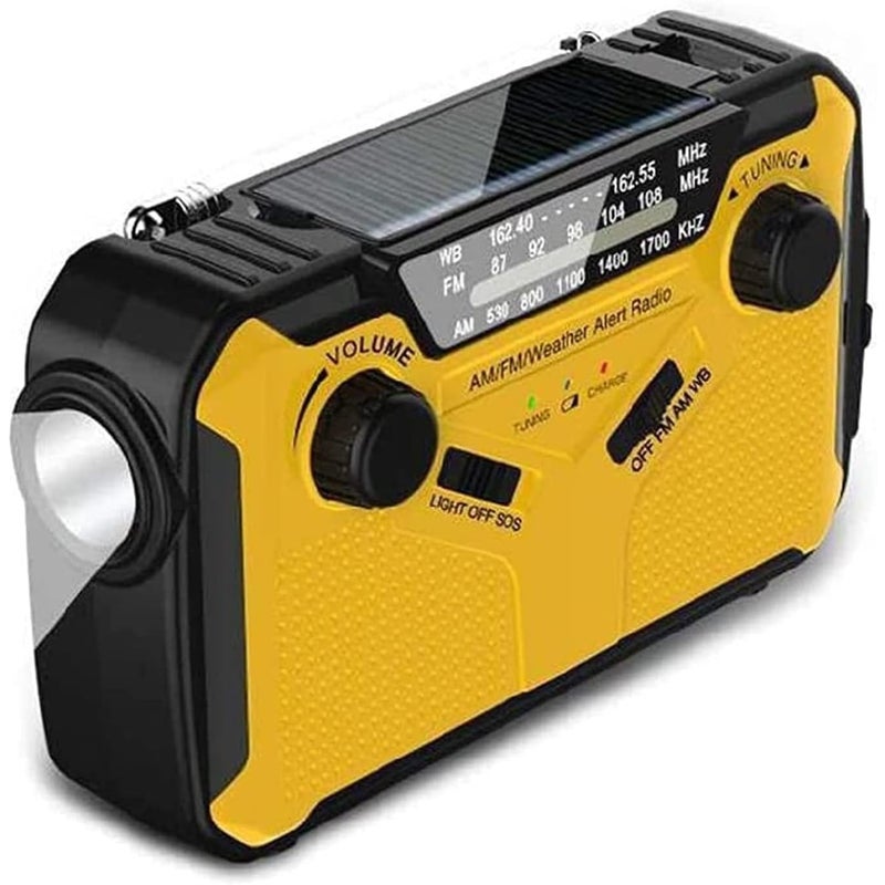 Radio pogodowe awaryjne, mobilny powerbank, radio z korbką ręczną zasilane energią słoneczną, przenośne radio AM/FM, żółte