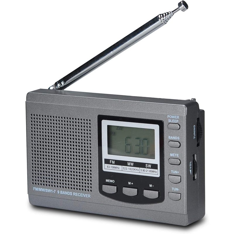 Pełnopasmowe radio AM/FM/SW DSP, głośnik stereo, ekran LCD, budzik, timer, wyłącznik czasowy, radio przenośne (szare)