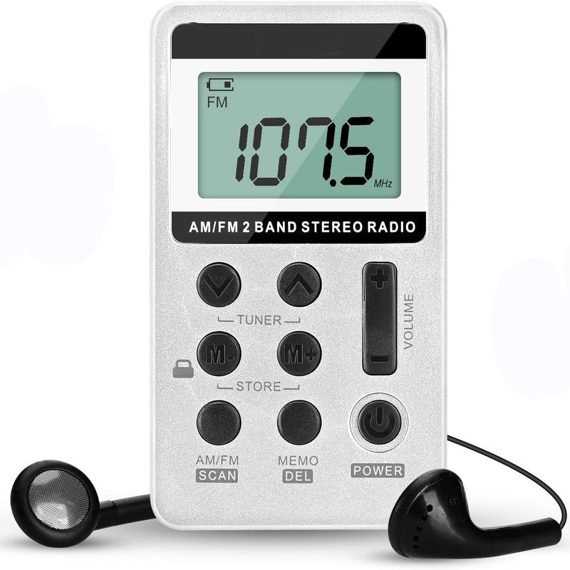 Miniaturowe przenośne radio stereo, kieszonkowe radio z możliwością ładowania, dwupasmowe radio stereo AM/FM dla seniorów (srebrne)