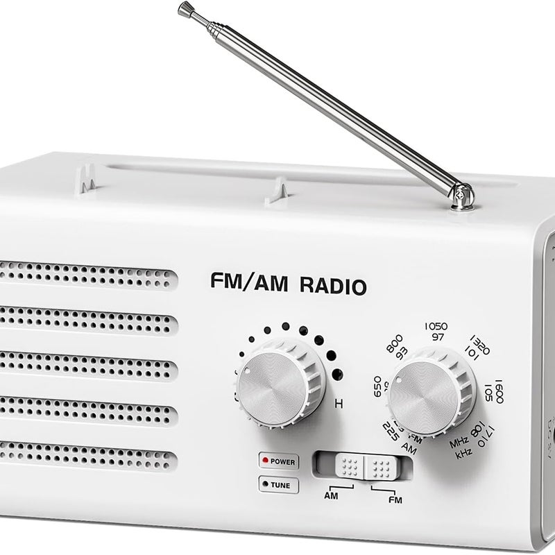 Przenośne radio AM/FM z wbudowanym głośnikiem i gniazdem słuchawkowym do użytku domowego, zewnętrznego i awaryjnego (białe)