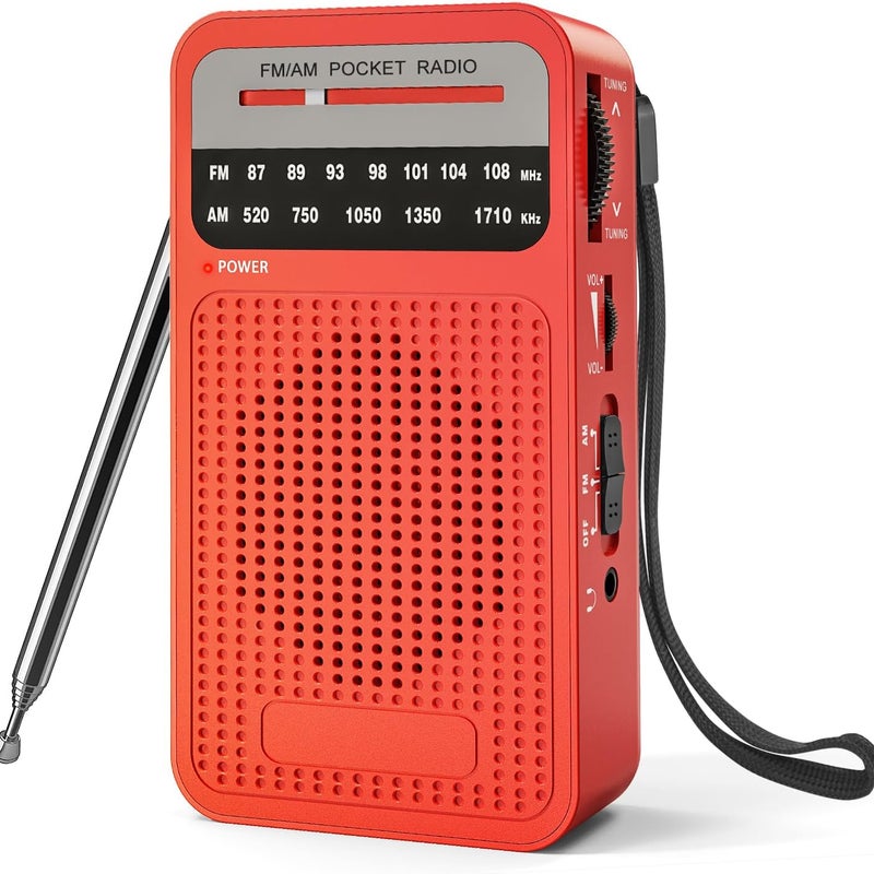 Przenośne radio FM/AM, mini radio, małe radio do wędrówek, biegania i biwakowania (czerwone)