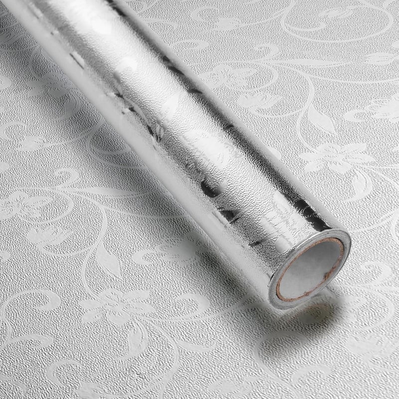 1 rolka (0,3 * 3 m) srebrna tapeta kuchenna, samoprzylepna rolka folii aluminiowej z teksturą drobnych kwiatów, wodoodporna i odporna na ciepło