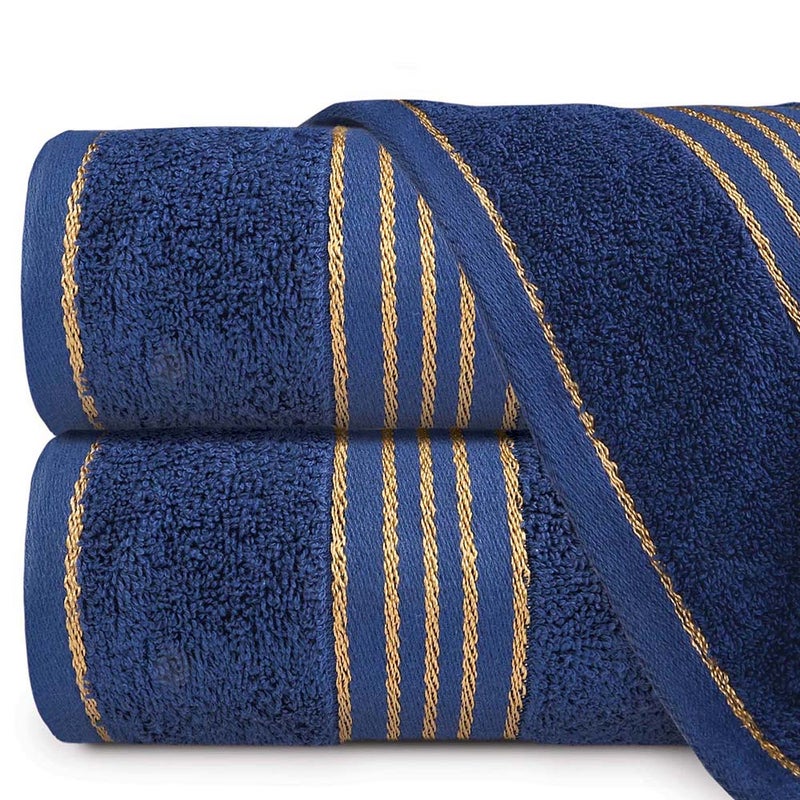 Ręcznik do rąk 30x50 cm bawełniany kolor ciemny niebieski z bordiurą w złote paski 500 g/m2 TIWANO - Darymex