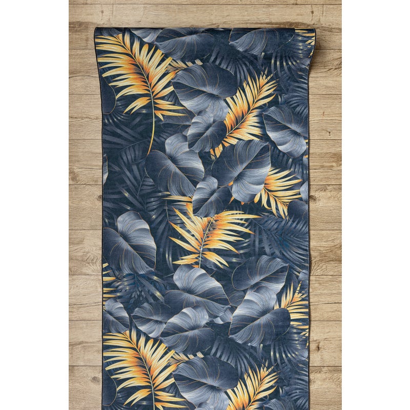 CHODNIK podgumowany DO PRANIA LOTUS FERNS 45270 Liście szary / złoty 60cm 60x740 cm