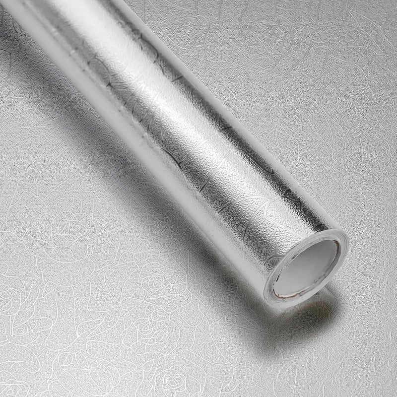 1 rolka (0,3 * 3 m) srebrna tapeta kuchenna, samoprzylepna folia aluminiowa, tekstura róży, wodoodporna i olejoodporna