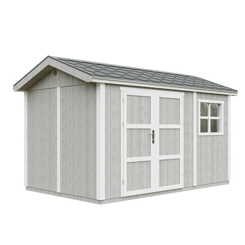 Szopa ogrodowa najwyższej jakości 8,68 m² - wys. 252 x 250 x 412 cm - z podłogą i gontem bitumicznym - Timbela M914A - TUNDRA GREY