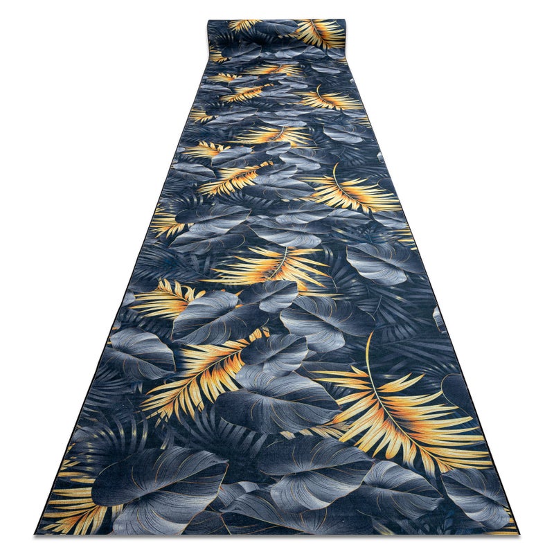 CHODNIK podgumowany DO PRANIA LOTUS FERNS 45270 Liście szary / złoty 60cm 60x570 cm