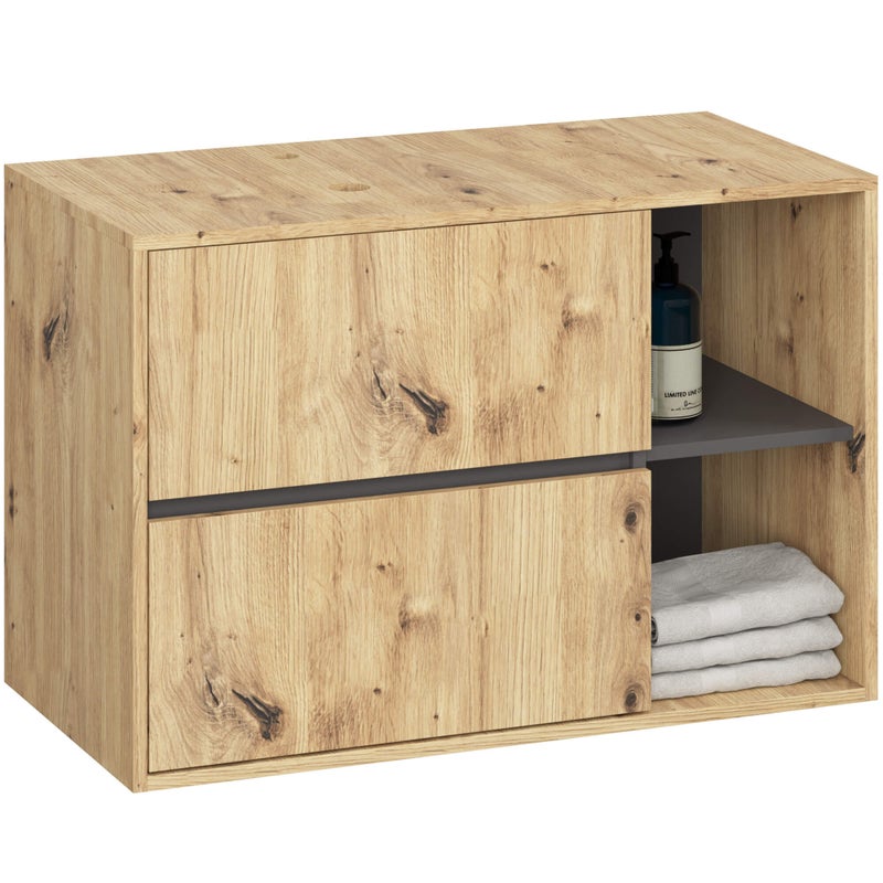 Szafka łazienkowa pod umywalkę z otworami AKORD VAMI Dąb Artisan, Grafit Szary 90 cm 2 szuflady 2 półki 90x60x45,5 cm