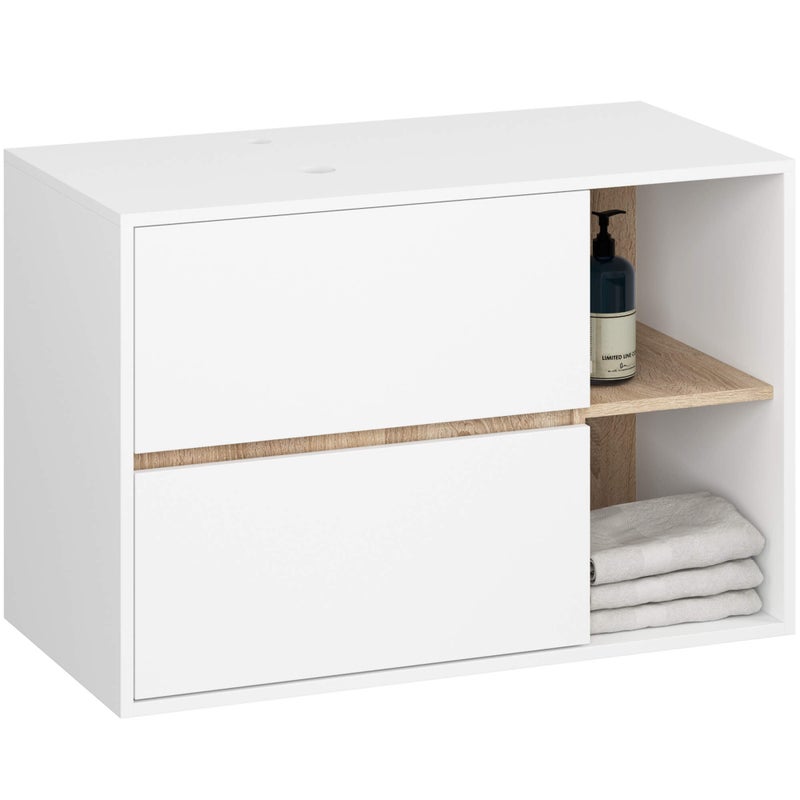 Szafka łazienkowa pod umywalkę z otworami AKORD VAMI Biała, Dąb Sonoma 90 cm 2 szuflady 2 półki 90x60x45,5 cm
