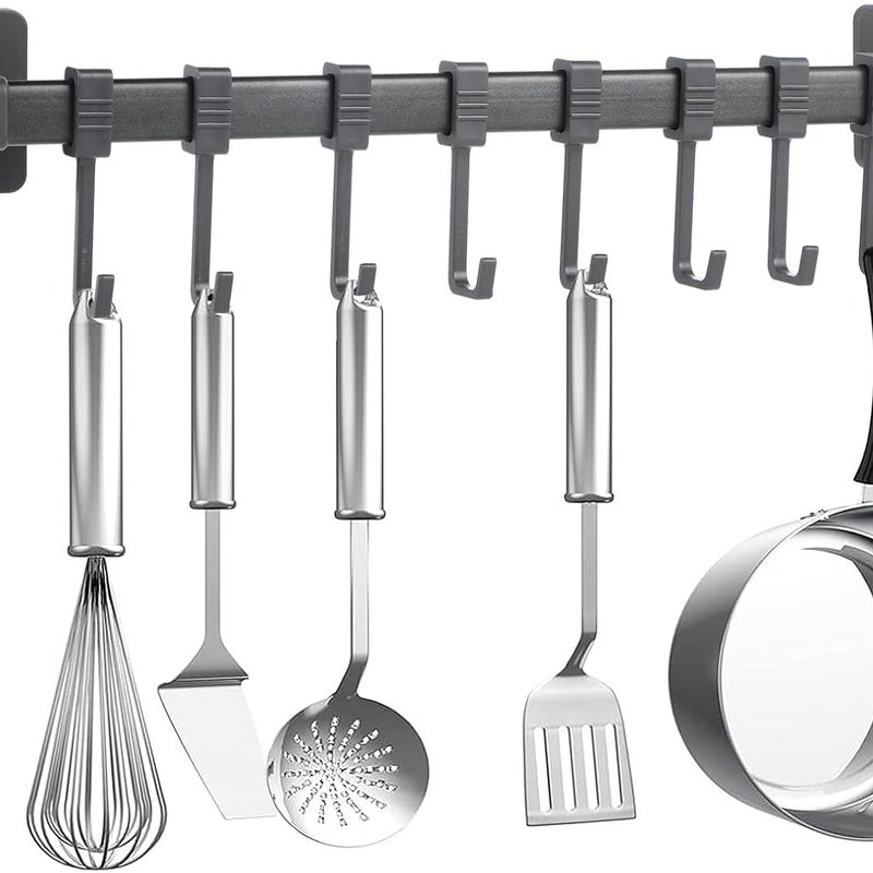Hak kuchenny bez wiercenia – samoprzylepny, czarny, ruchomy hak ścienny na przybory kuchenne i kuchenne, 8 haczyków