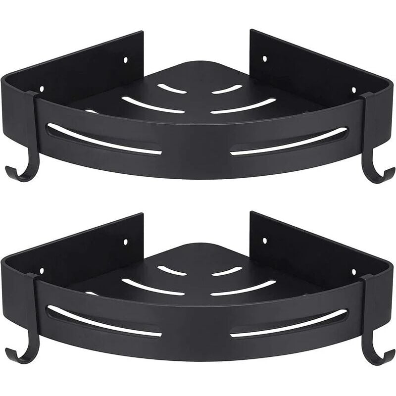 Półka narożna prysznicowa bez wiercenia, zestaw 2 szt., z haczykami, czarna, do przechowywania w łazience, akcesoria łazienkowe, mydelniczka, uchwyt p