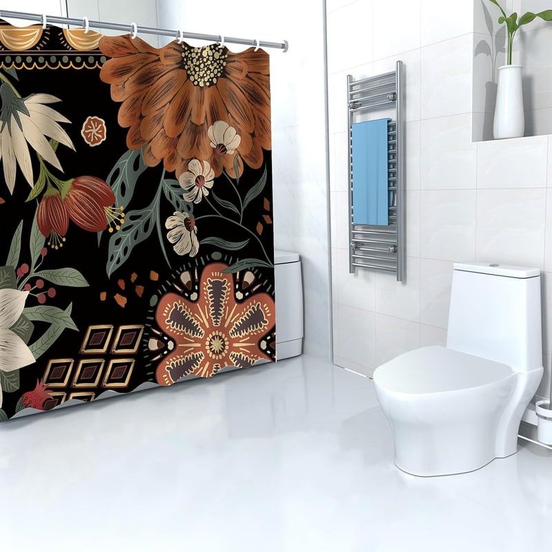 Czarna zasłona prysznicowa, wodoodporna, odporna na pleśń, poliester, wzór liścia, z 12 pierścieniami prysznicowymi, 180 x 180 cm