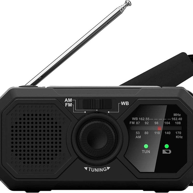 Radio awaryjne - Małe radio przenośne - Panel słoneczny i korbka ręczna - Radio pogodowe - Radio AM/FM (czarne)