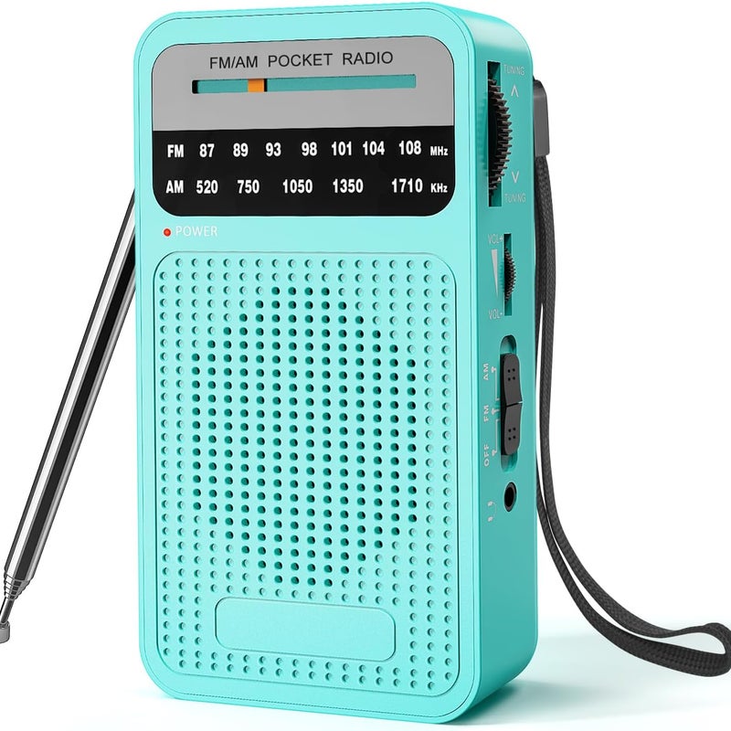 Miniaturowe radio przenośne, tranzystorowe radio FM/AM, kieszonkowe radio zasilane bateryjnie, doskonała jakość dźwięku, kolor zielony