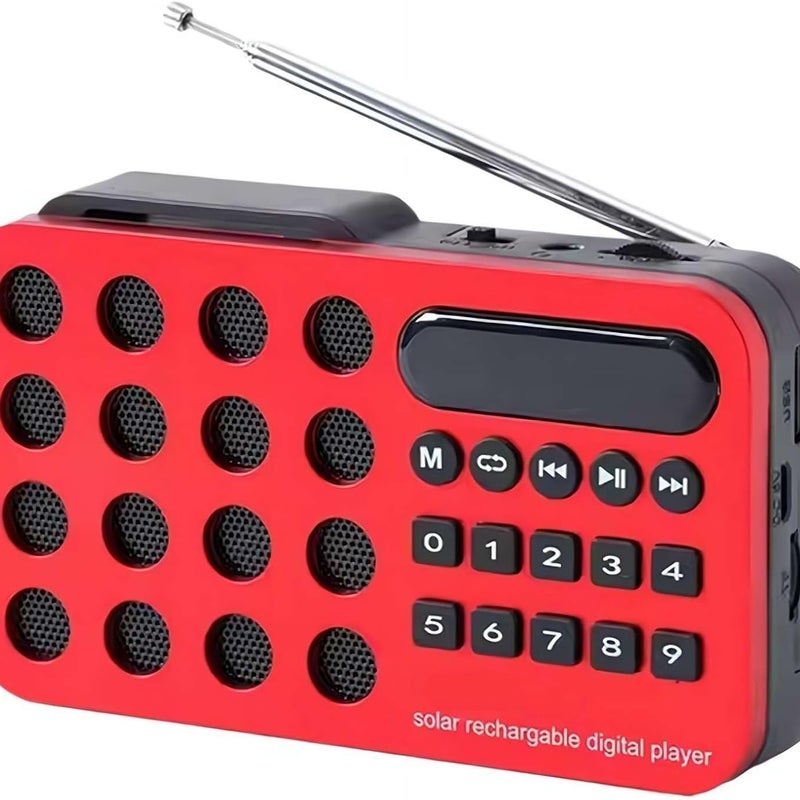 Przenośne radio z głośnikiem, ładowane energią słoneczną, do domu, na kemping, w podróż (czerwone).