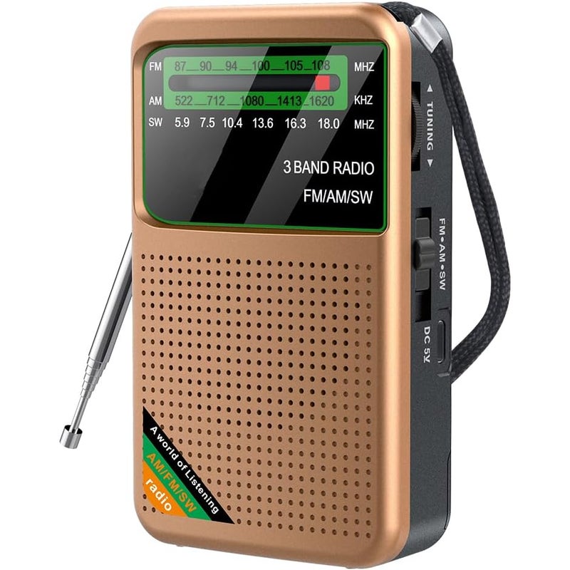 Radio kieszonkowe, przenośne radio AM/FM SW zasilane bateryjnie do użytku wewnątrz i na zewnątrz, w kolorze złotym.