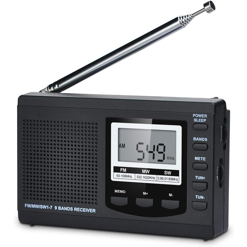 Radio AM/FM/SW z szerokopasmowym DSP, głośniki stereo, ekran LCD, budzik, timer, wyłącznik czasowy, radio przenośne (czarne)