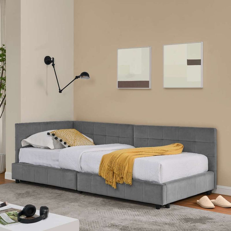 Łóżko pojedyncze 90x200 cm z miękkiego weluru, wysokie oparcie 45 cm, wygodne i trwałe dla dzieci i dorosłych