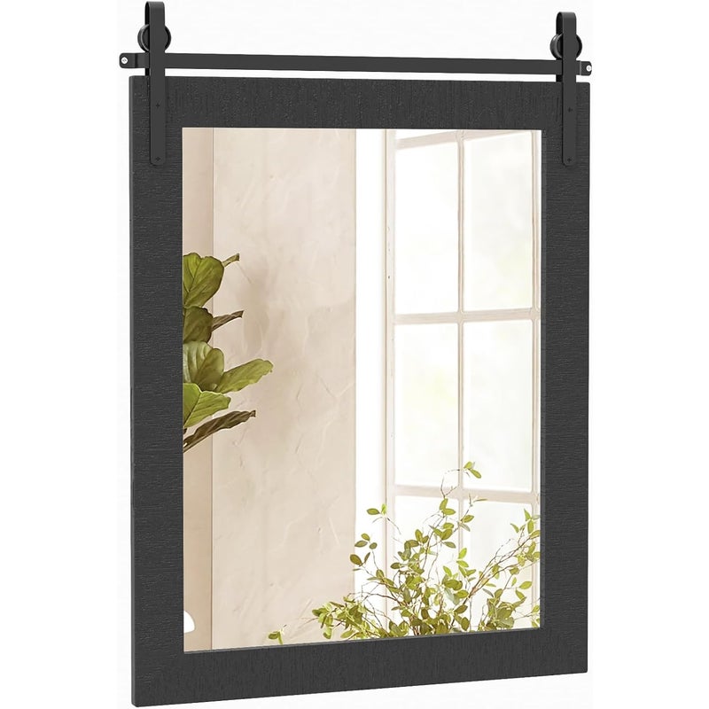 Lustro Ścienne, 76,5 x 54 cm, Prostokątne Lustro Samoprzylepne z Drewna Sosnowego i Szkła o Wysokiej Rozdzielczości oraz Metalowym Uchwycie (Czarne)