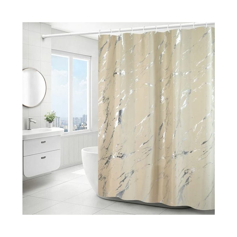 Prosta, srebrna, marmurowa zasłona prysznicowa – 180 x 180 cm, nadająca się do prania w pralce, poliester, z obciążonym brzegiem i 12 haczykami (beżo