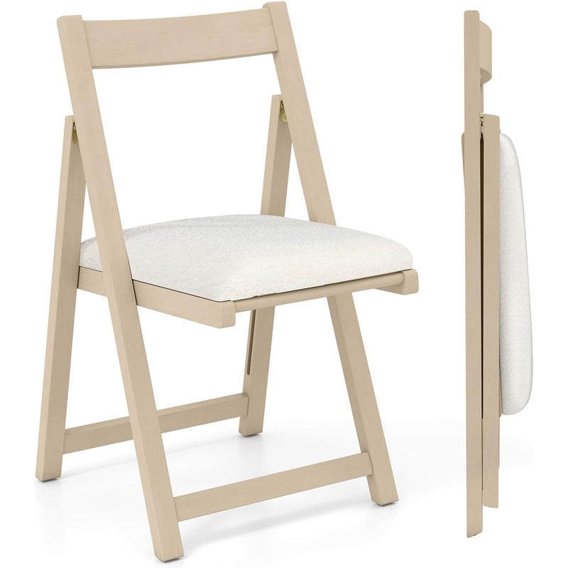 Zestaw 2 Składanych Krzeseł Drewnianych, Zakrzywione Oparcie, Podnóżek, Składane Krzesło z Wyściełanym Siedziskiem (Jasnobeżowe)