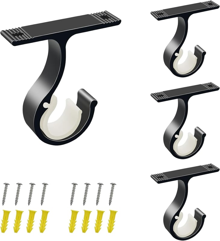 4 szt. uchwytów na karnisz sufitowy ø 25-28 mm ze śrubami, czarny, wytrzymały, aluminiowy uchwyt na karnisz do drążka garderoby