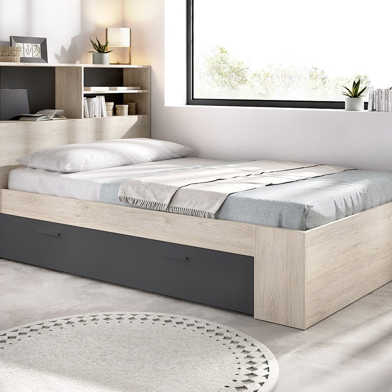 Łóżko 120 x 190 cm ze skrzynią - Kolor: Naturalny i antracytowy - VARDIEL