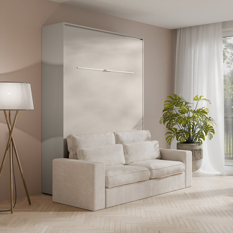 Łóżko chowane w szafie 140 x 200 cm - Otwierane ręcznie w pionie - Z oświetleniem LED - Beżowe + Kanapa - RAPILI