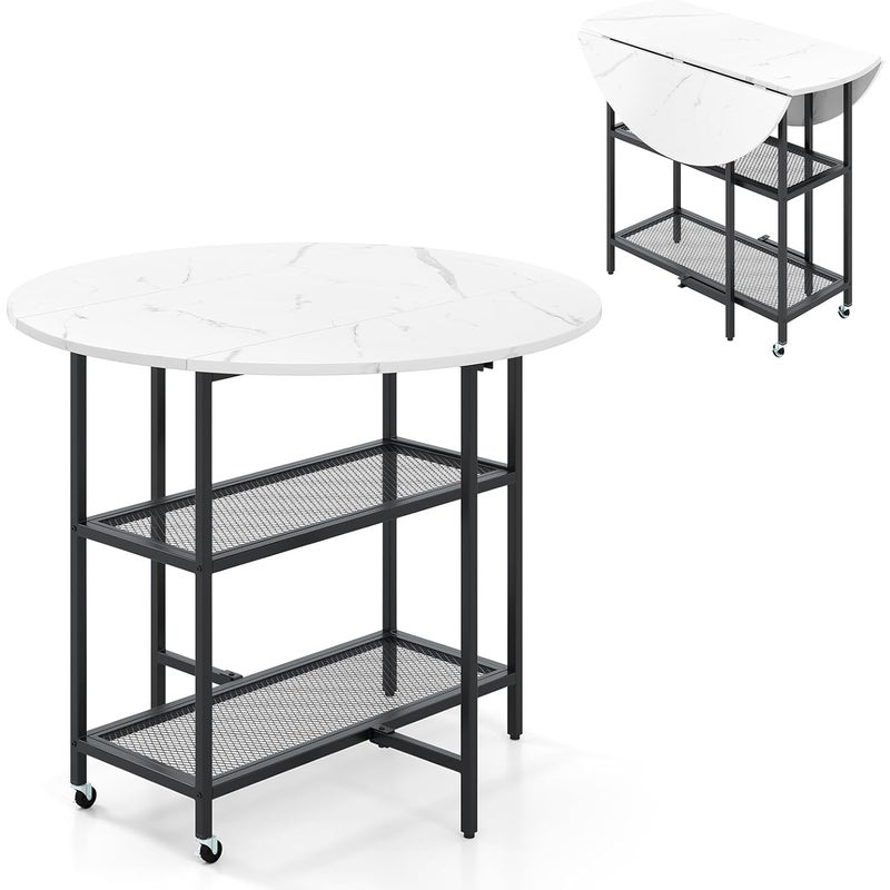 Składany Okrągły Stół do Jadalni, dla 2–4 Osób, Stół do Jadalni z 2 Kółkami, Składany Stół Kuchenny z 2 Półkami