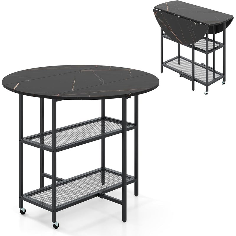 Składany Okrągły Stół do Jadalni, dla 2–4 Osób, Stół do Jadalni z 2 Kółkami, Składany Stół Kuchenny z 2 Półkami